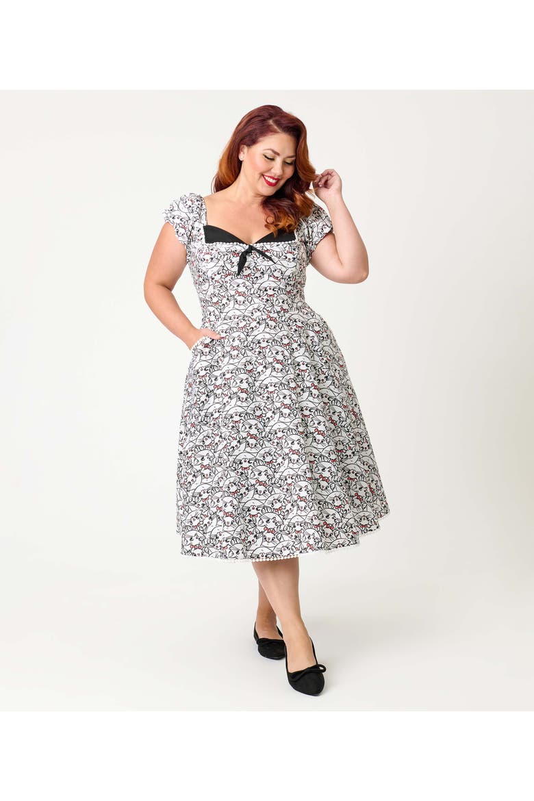 Plus Size 1950s Sweetheart Swing Dress, Alternate, color, White Cat Print