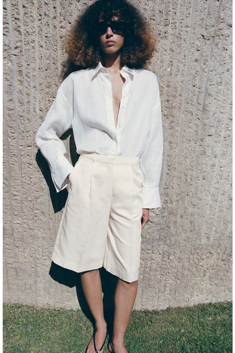 Straight Linen Blend Bermuda Shorts, Alternate, color, OFF WHITE