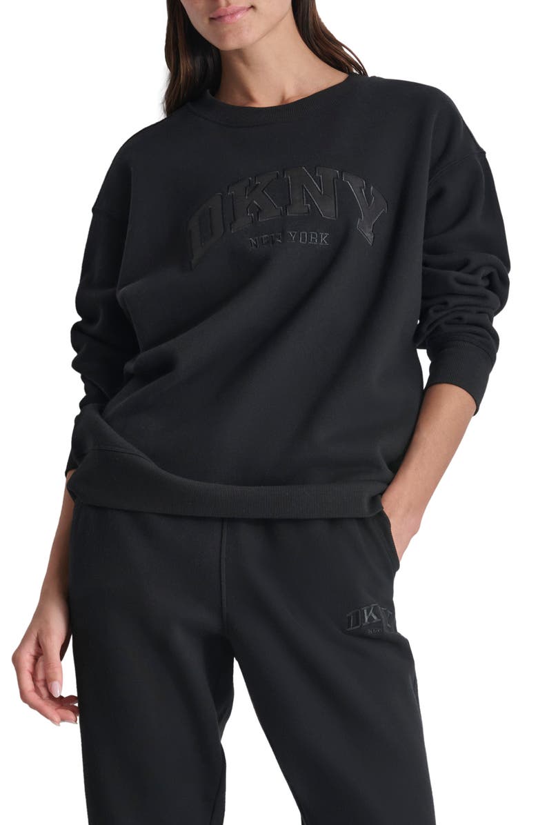 DKNY Varsity Satin Logo Sweatshirt, Main, color, 