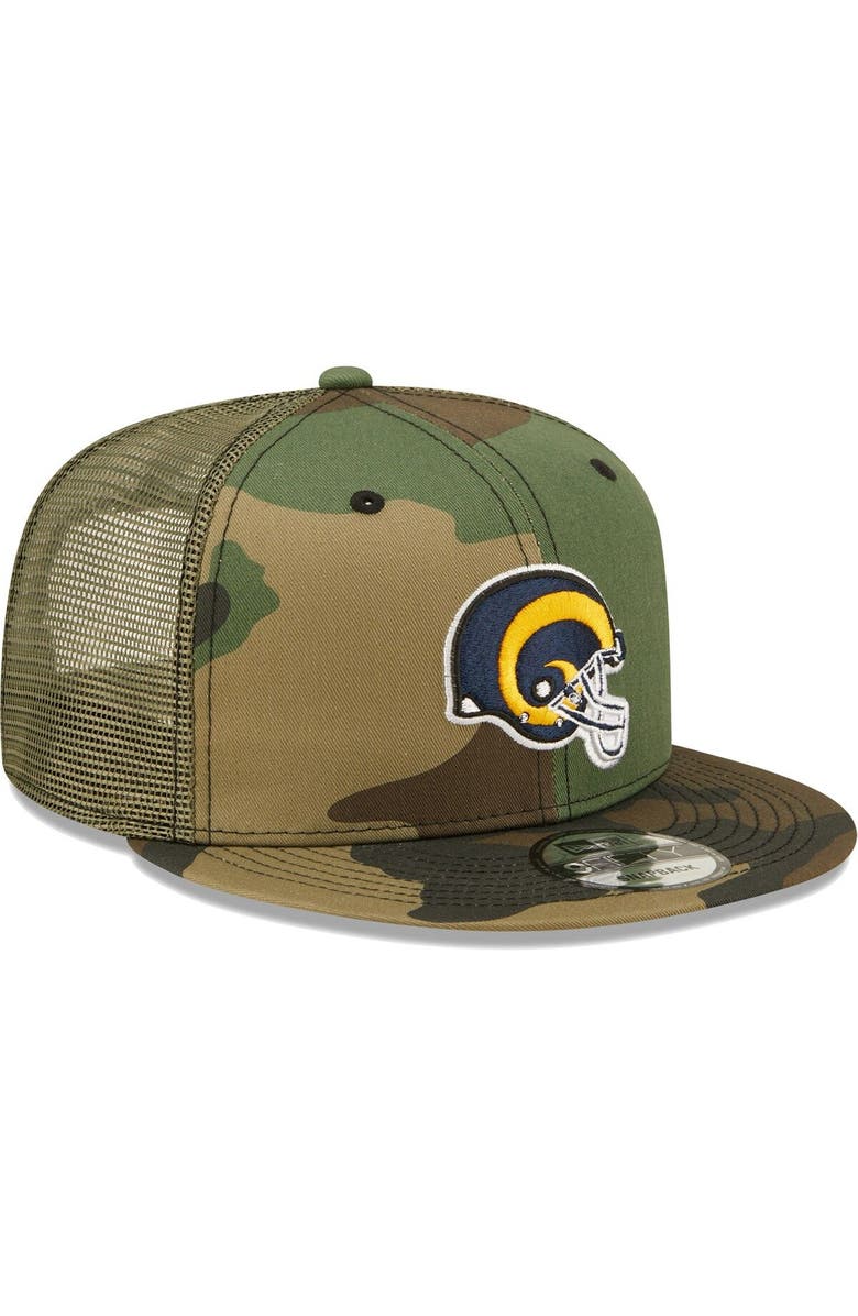 New Era Men's New Era Camo/Olive Los Angeles Rams Historic Logo Trucker 9FIFTY Snapback Hat, Alternate, color, 