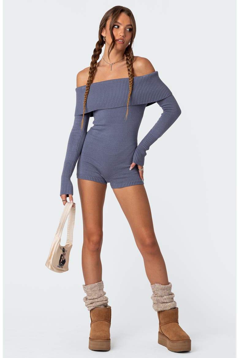 Pandorah Long Sleeve Off the Shoulder Knit Romper, Alternate, color, BLUE