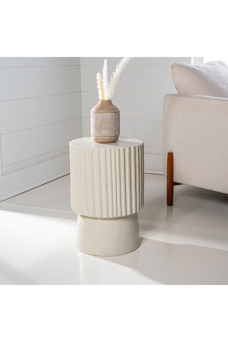 Louisa Modern Fluted Outdoor Accent Table, All-Weather Terrazzo Pedestal Garden Stool & Round Patio Side Table, Alternate, color, Cream Terrazzo