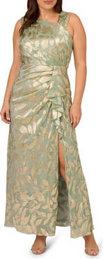 Adrianna Papell Asymmetric Metallic Foil Leaf Gown
