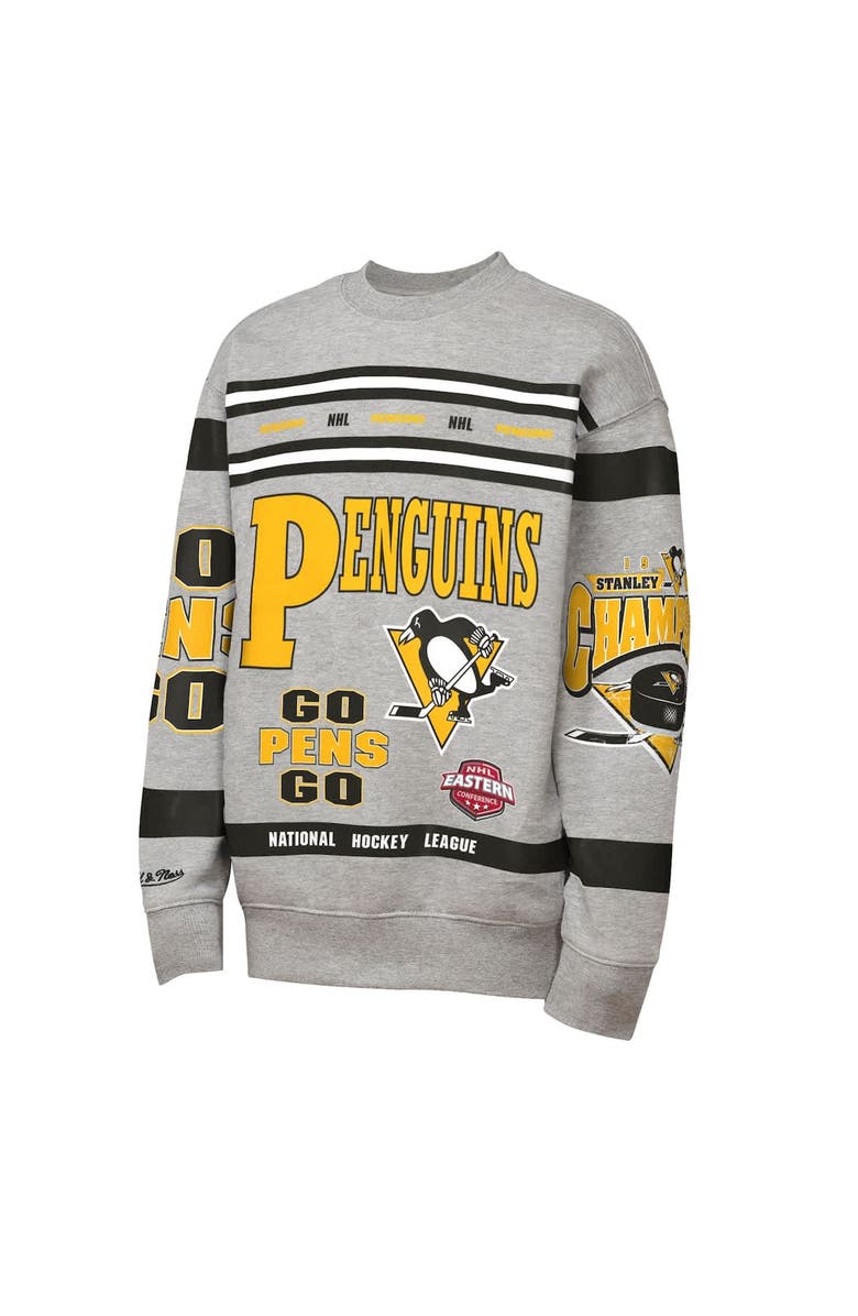 Mitchell & Ness Youth Mitchell & Ness Heather Gray Pittsburgh Penguins Allover Print Fleece Crewneck Sweatshirt, Alternate, color, Heather Gray