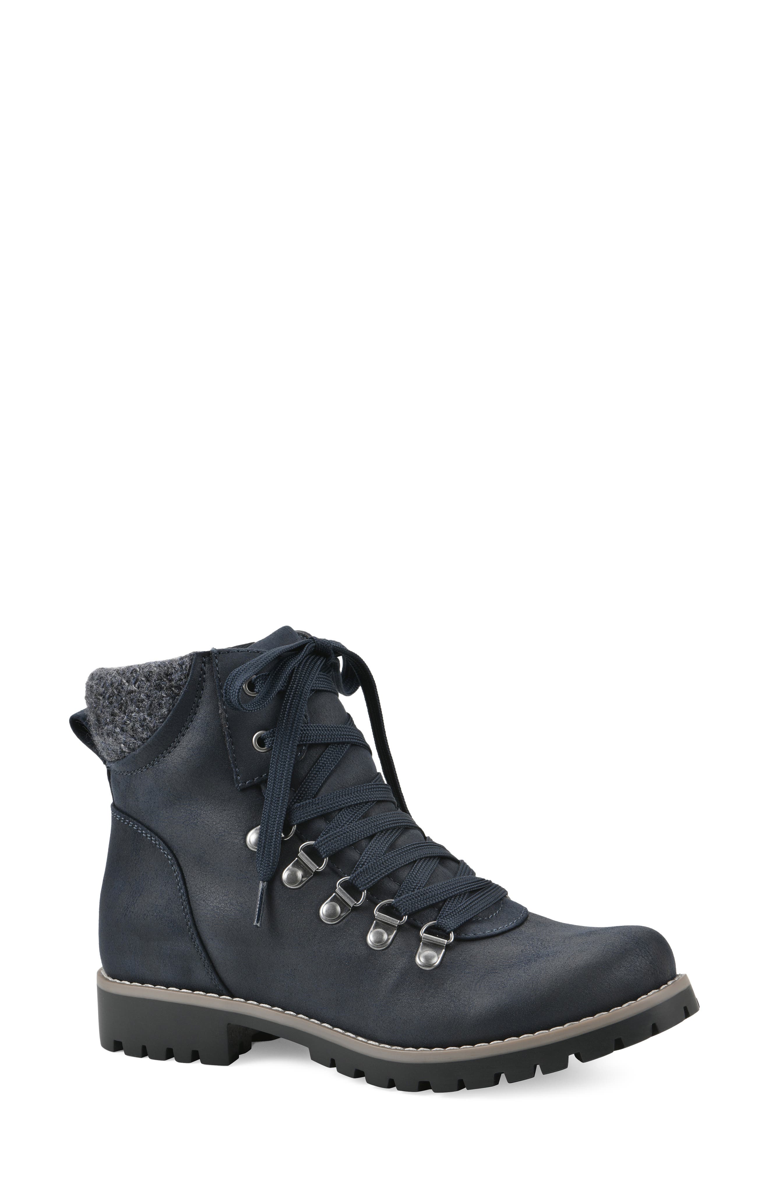 Primed Lace-Up Boot, Main, color, DARK NAVY/FABRIC