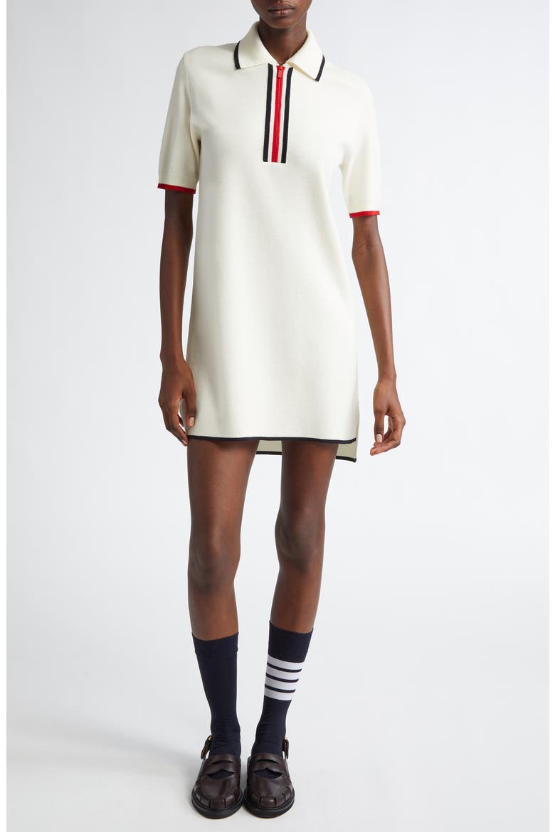 Stripe Detail Milano Knit Polo Sweater Dress, Main, color, WHITE