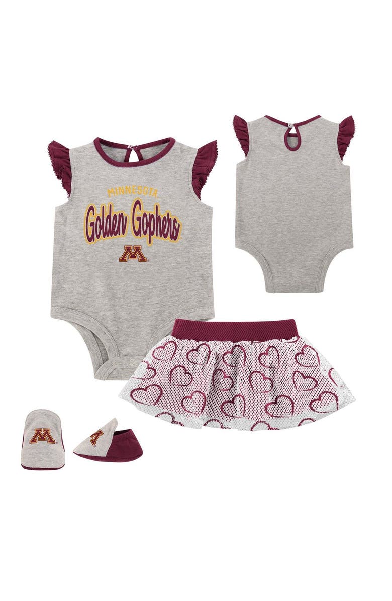 Outerstuff Girls Newborn Heather Gray Minnesota Golden Gophers All Dolled Up Bodysuit, Skirt & Bootie Set, Main, color, Heather Gray