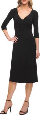 La Femme Chic Tea Length Jersey Dress with Ruching