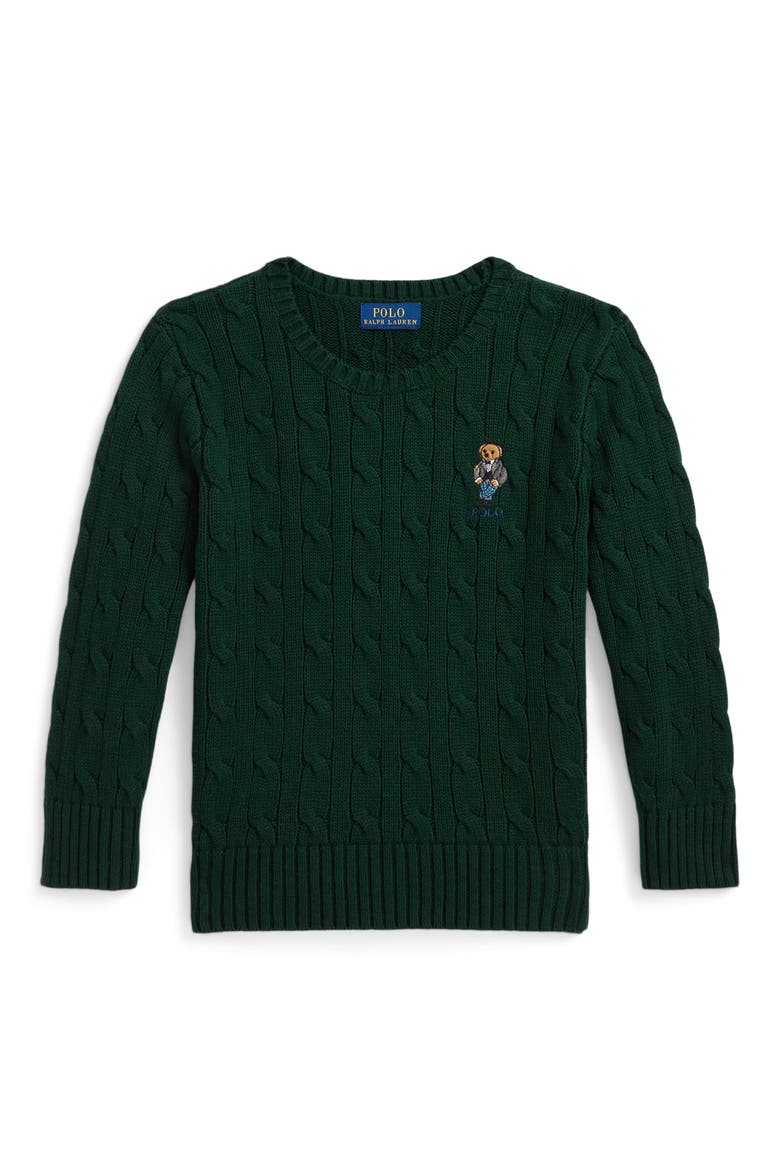 Kids' Polo Bear Cable Knit Cotton Sweater, Main, color, MOSS AGATE