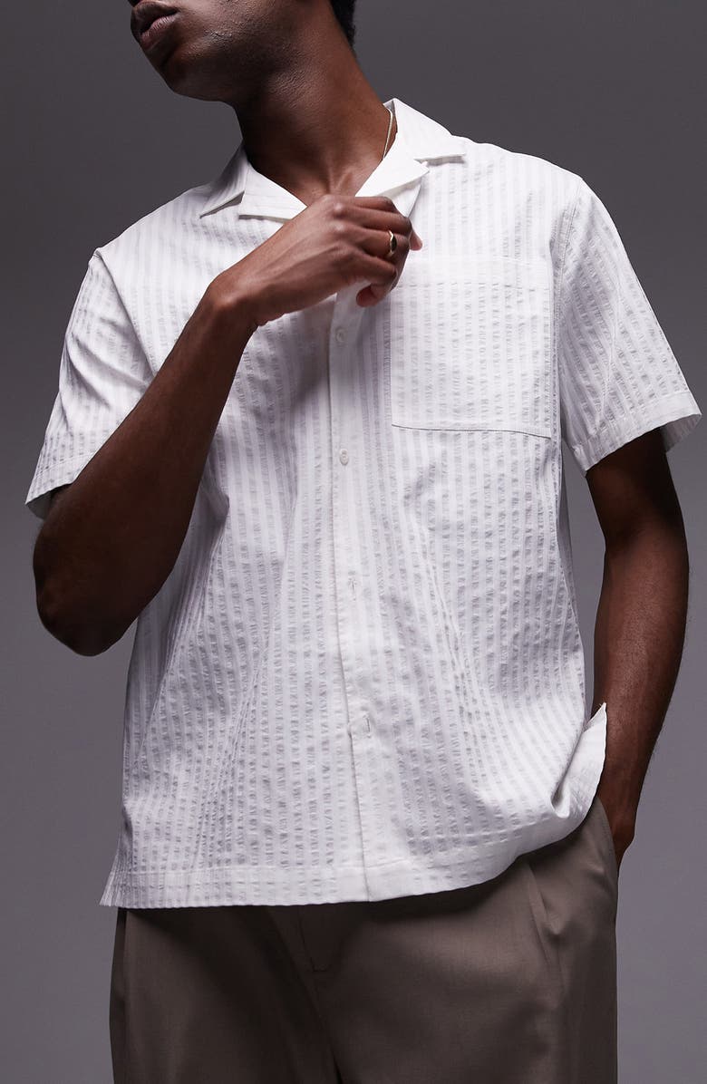 Topman Solid White Stripe Seersucker Camp Shirt, Main, color, White