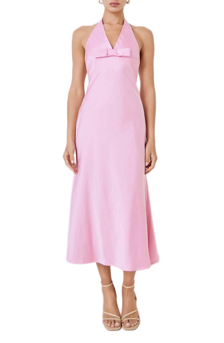 MARSY Bow Halter Satin Maxi Dress, Main, color, Pink