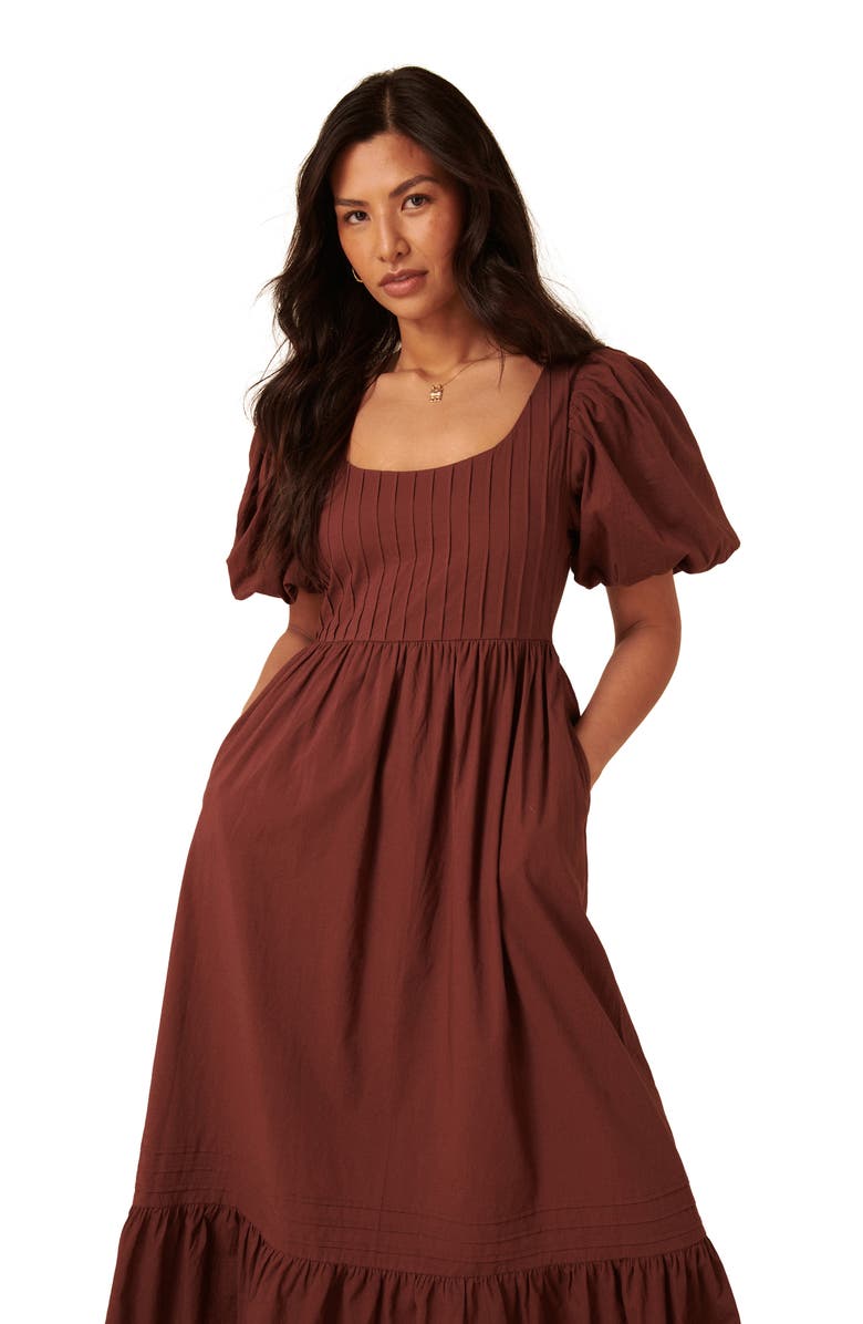 Nobody's Child Mimi Puff Sleeve Midi Dress, Alternate, color, Medium Brown