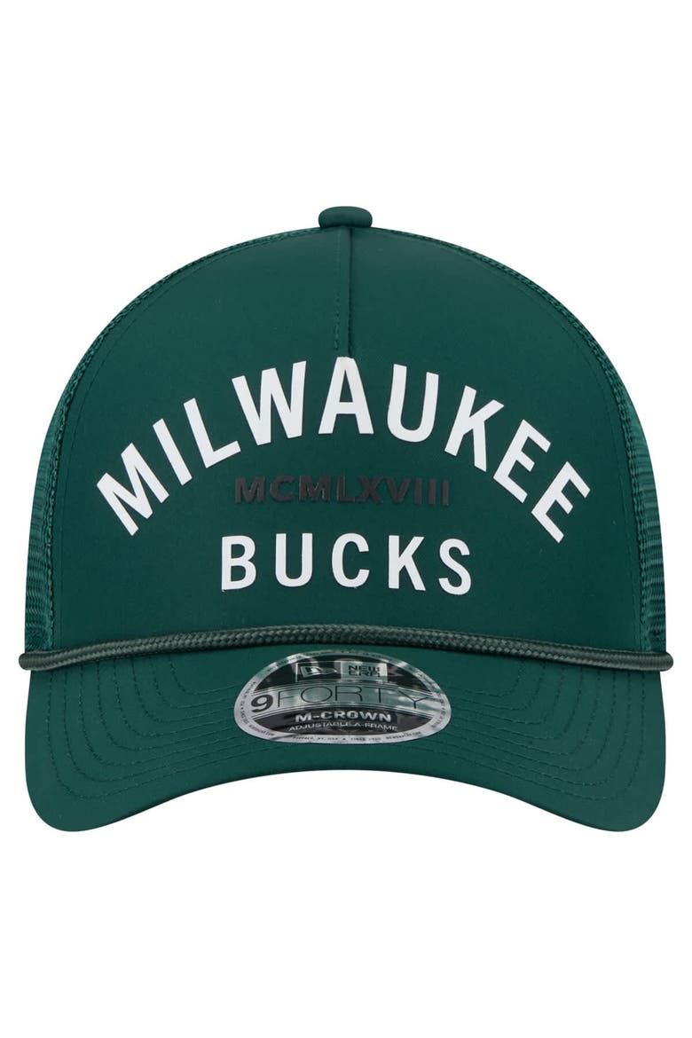Men's New Era  Hunter Green Milwaukee Bucks Minimalist A-Frame 9FORTY Trucker Hat, Alternate, color, Hunter Green