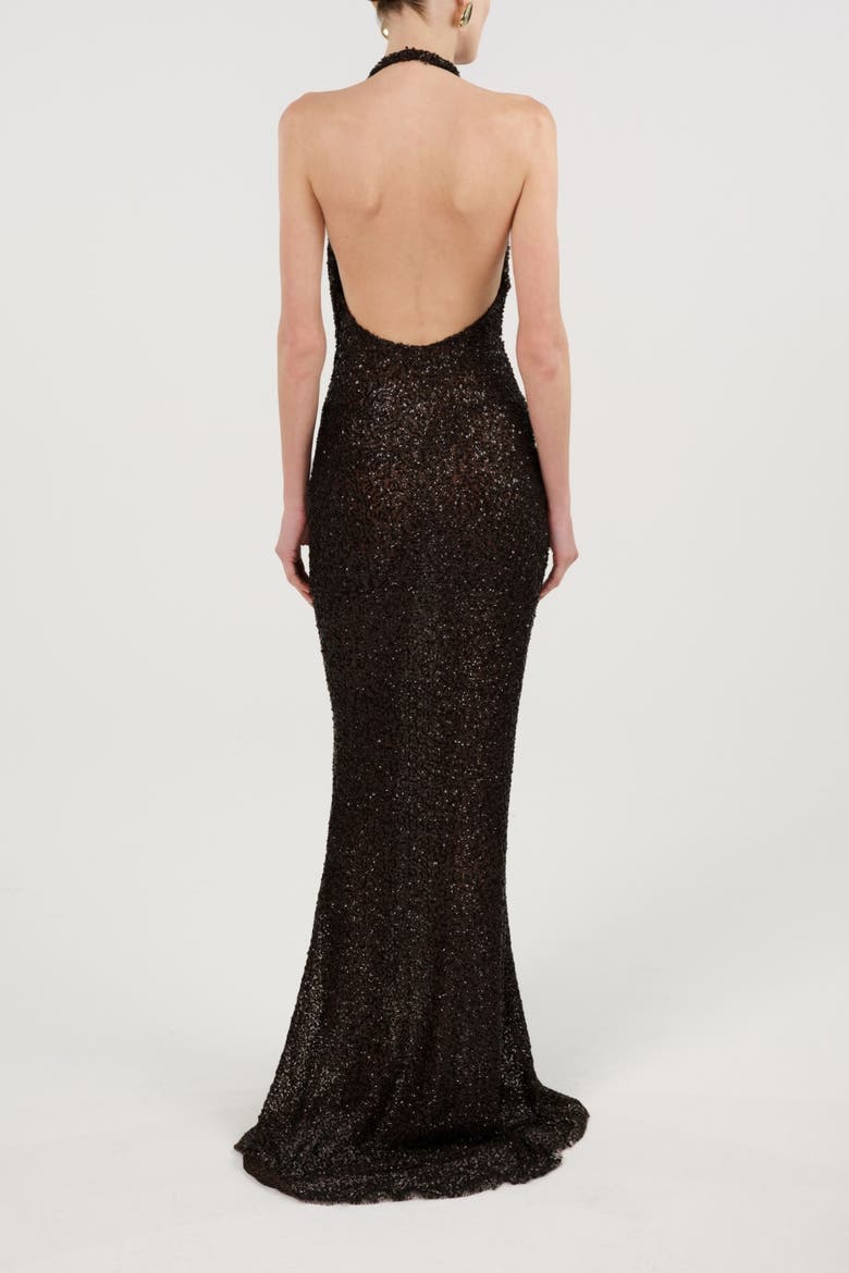 Off-Shoulder Sequin Embellished Maxi Dress, Alternate, color, Brown