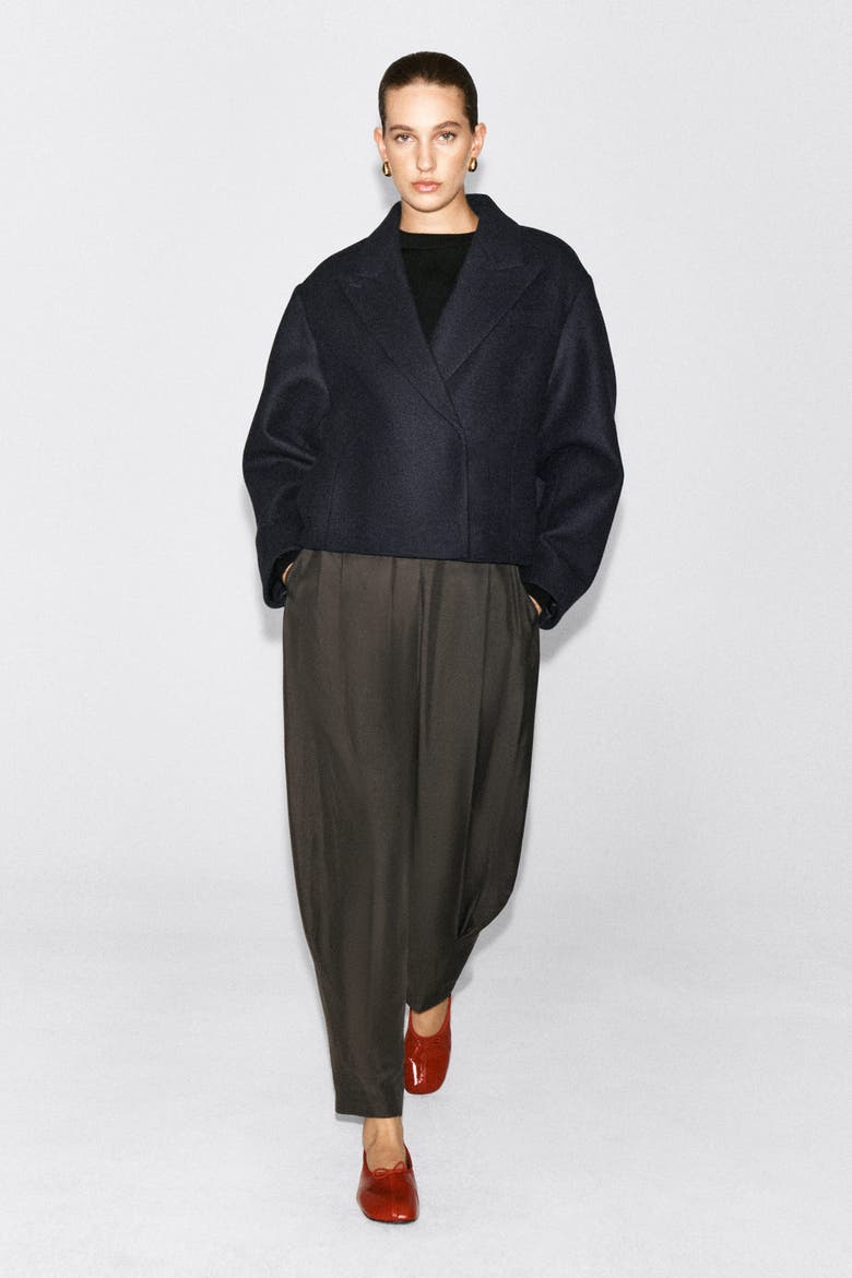 Oversized Cropped Boiled Wool-Blend Blazer, Main, color, NAVY