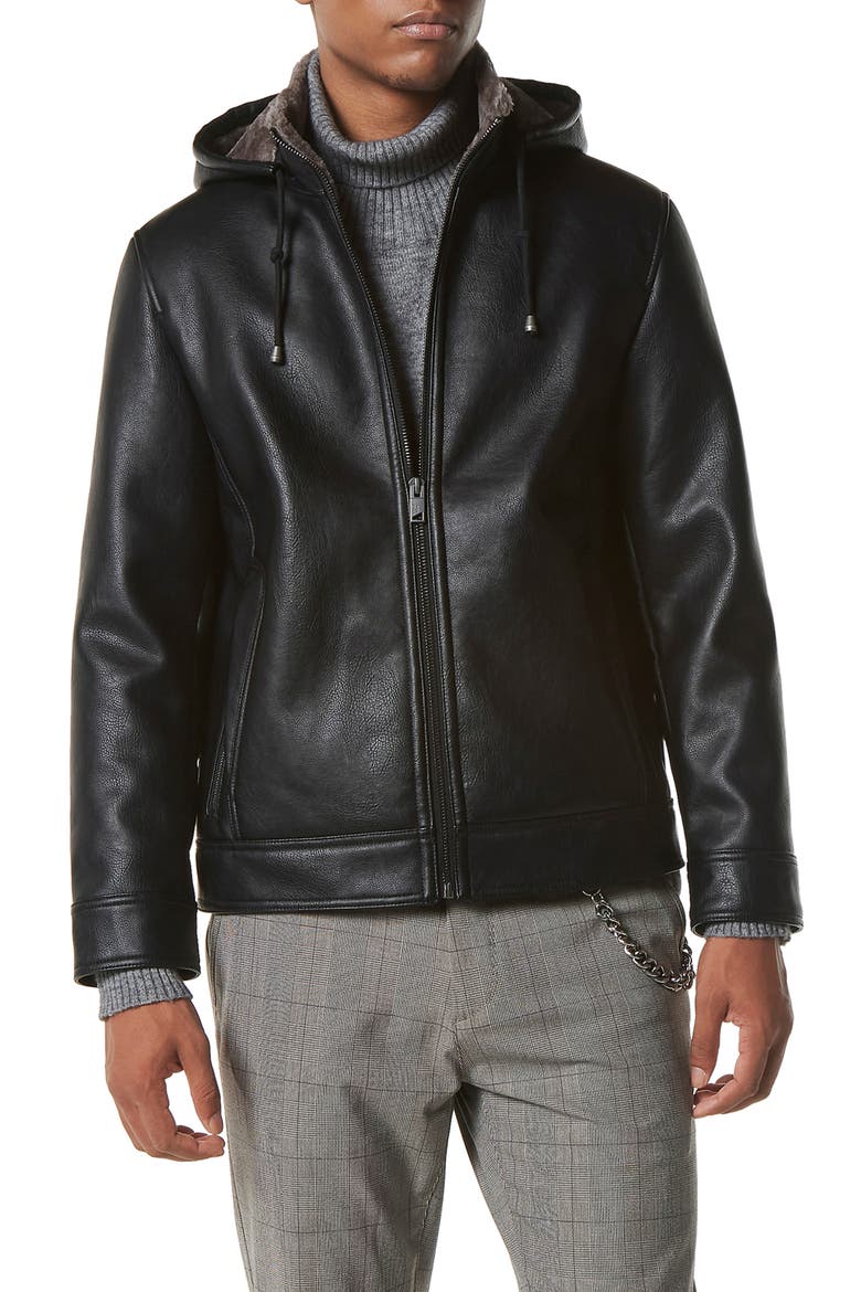 Jutland Hooded Faux Fur Lined Faux Leather Moto Jacket, Main, color, BLACK