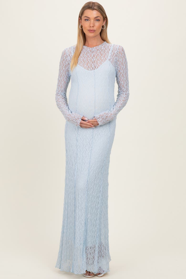 Lace Mock Neck Long Sleeve Maxi Dress, Alternate, color, Light Blue