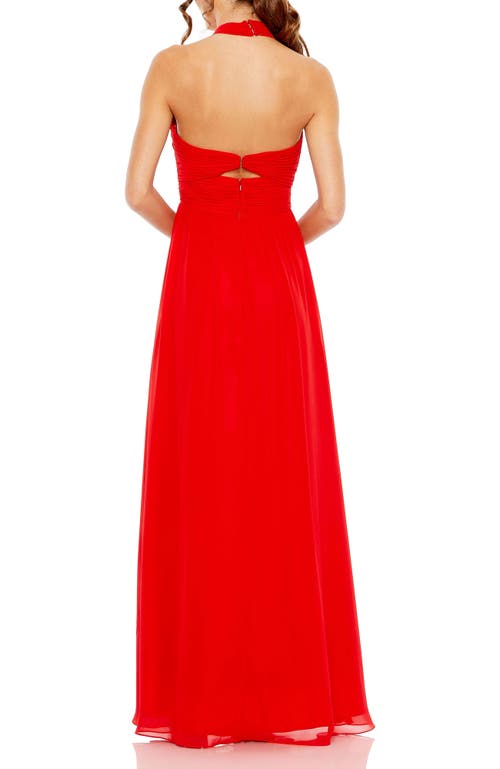 Mac Duggal Ruched Halter Neck Gown In Red