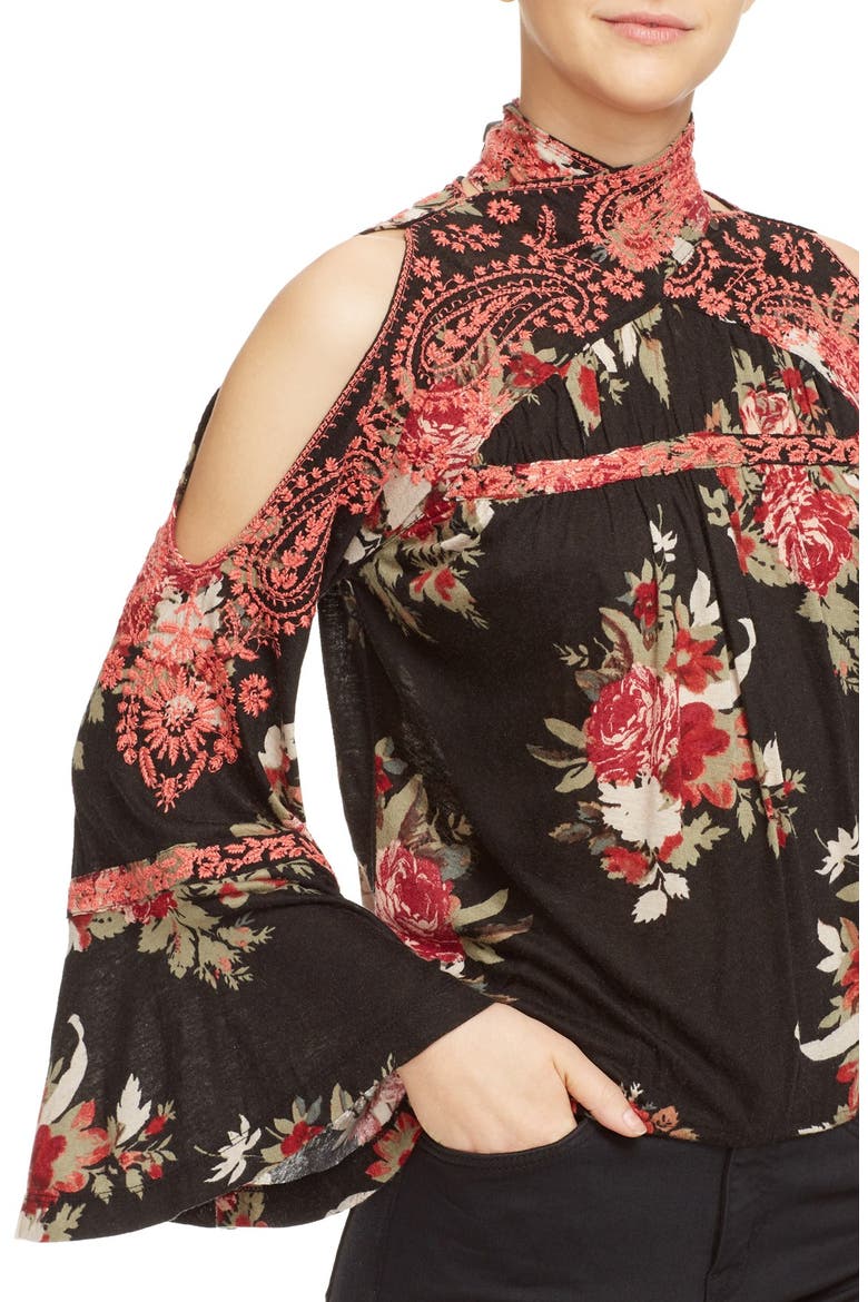 'Bainbridge' Embroidered Cold Shoulder Top, Alternate, color, BLACK