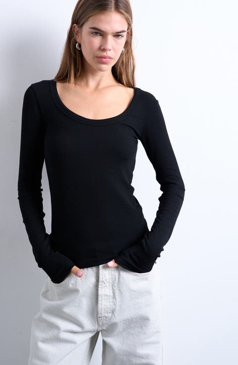 Scoop Neck Long Sleeve Rib Top