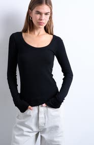 Topshop Scoop Neck Long Sleeve Rib Top