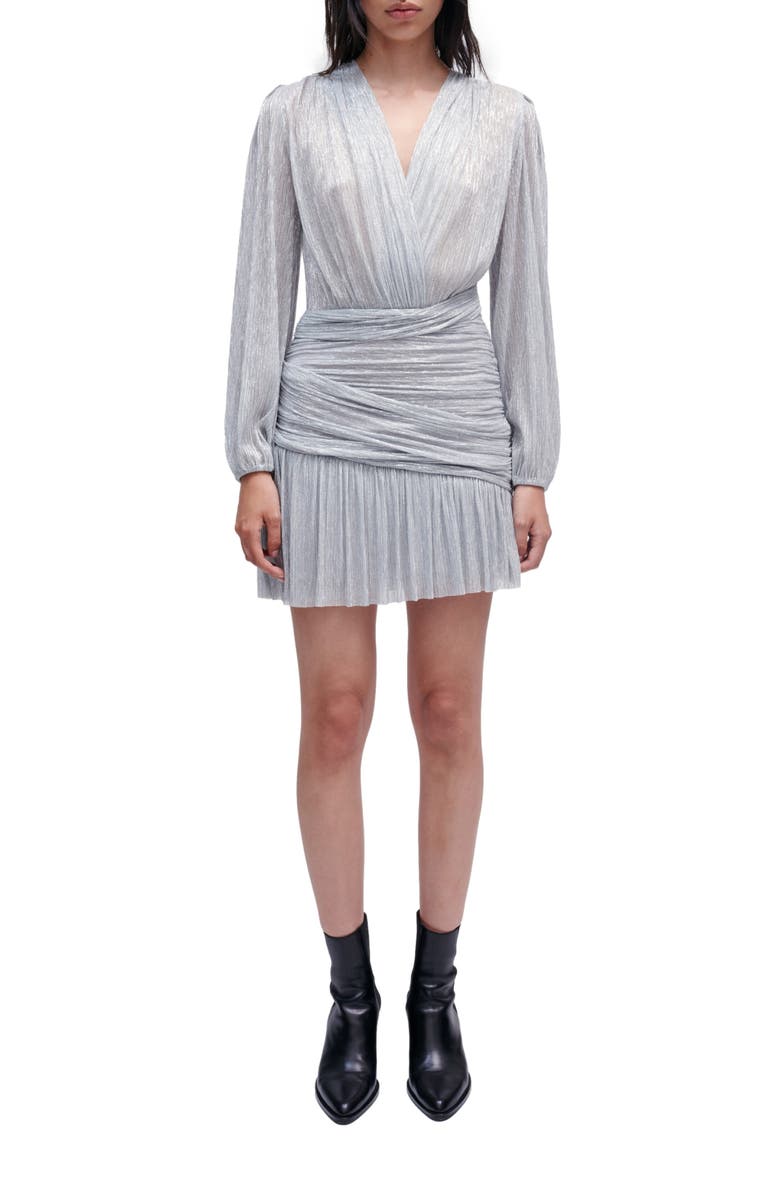 maje Metallic Long Sleeve Minidress, Main, color, Argent