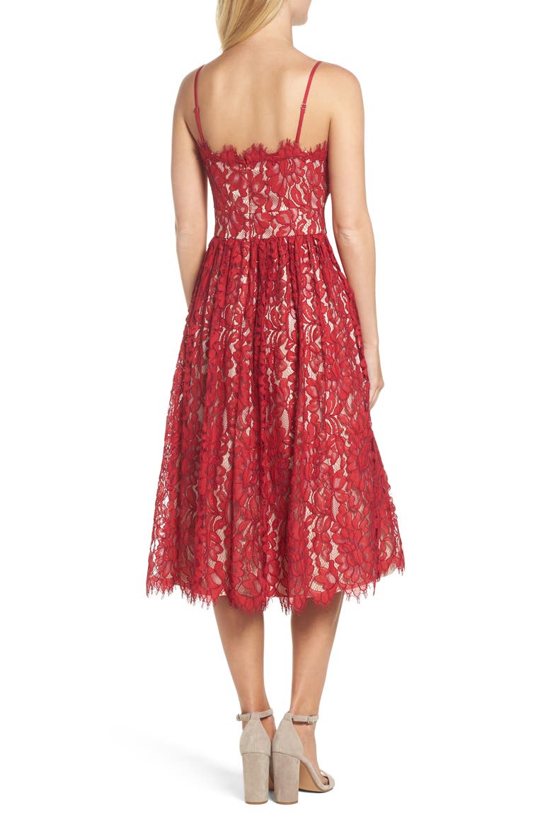 Gathered Lace Midi Dress, Alternate, color, RED