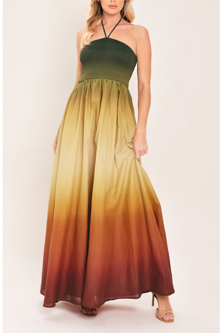 Ombré Halter Neck Cotton Maxi Dress, Alternate, color, OLIVE RUST