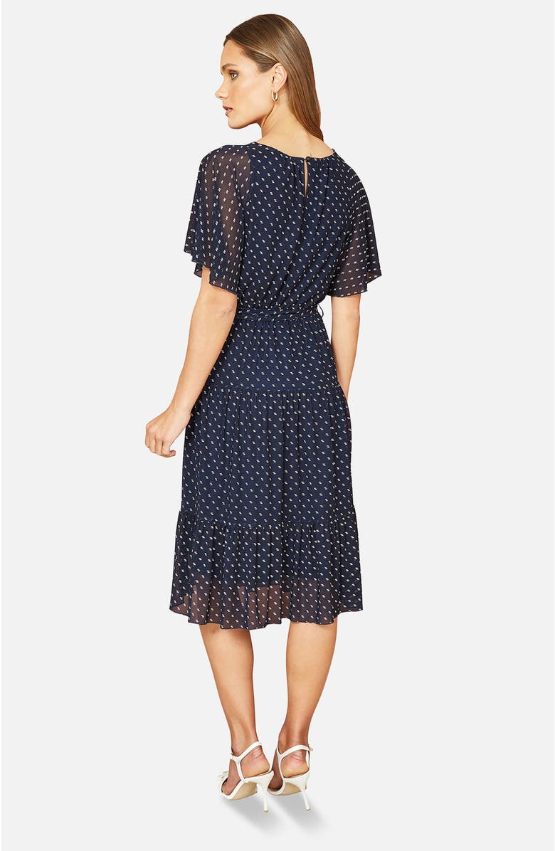 Yumi Dot Print Mesh Stretch Midi Dress, Alternate, color, Navy