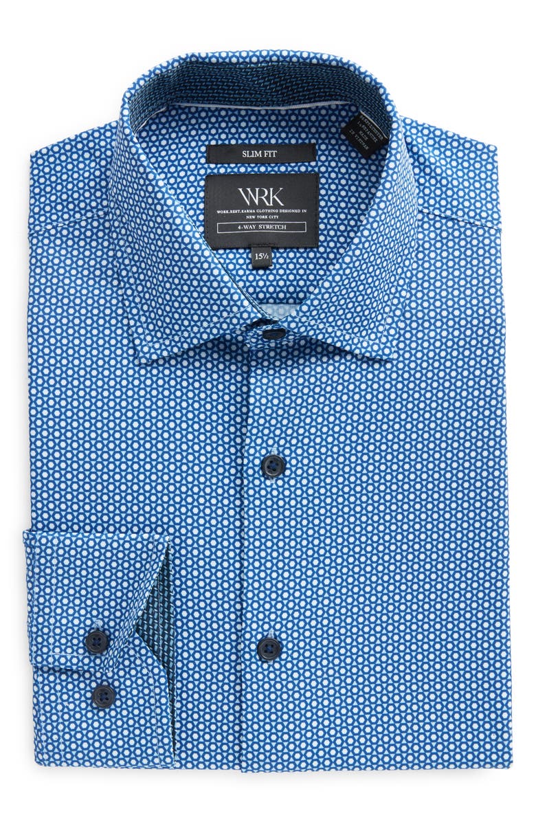 W.R.K Dot Geo Print Stretch Performance Dress Shirt, Alternate, color, Blue
