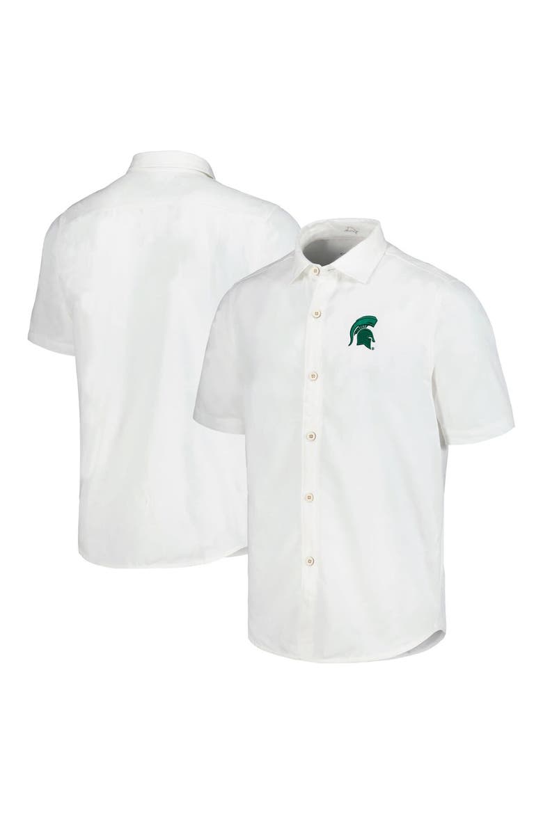 Men's Tommy Bahama White Michigan State Spartans Coconut Point Palm Vista IslandZone Camp Button-Up Shirt, Main, color, White