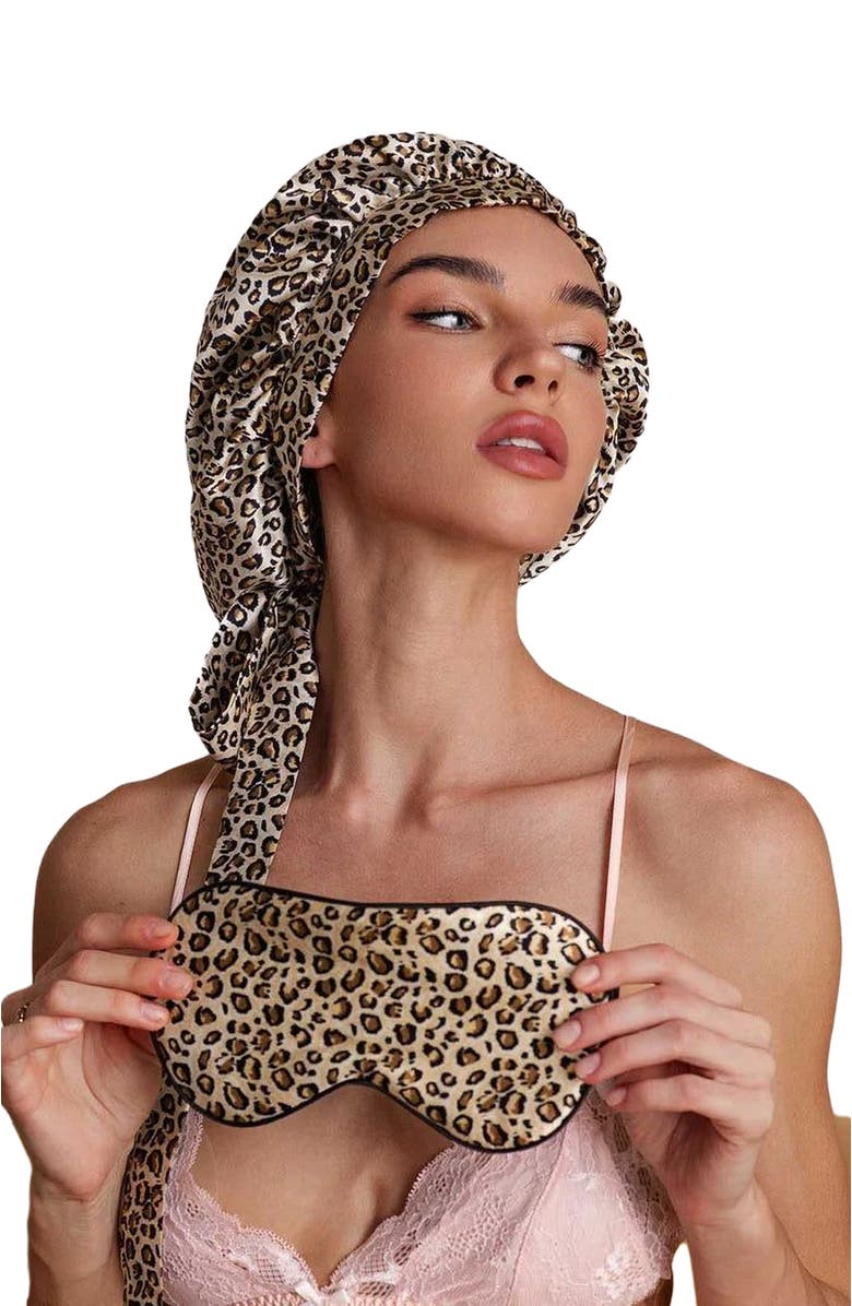 SILKSILKY Pure Silk Bonnet+Eye Mask Set, Alternate, color, Leopard