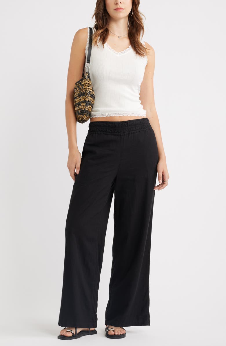 Treasure & Bond Linen Blend Smocked Waist Wide Leg Pants, Alternate, color, Black