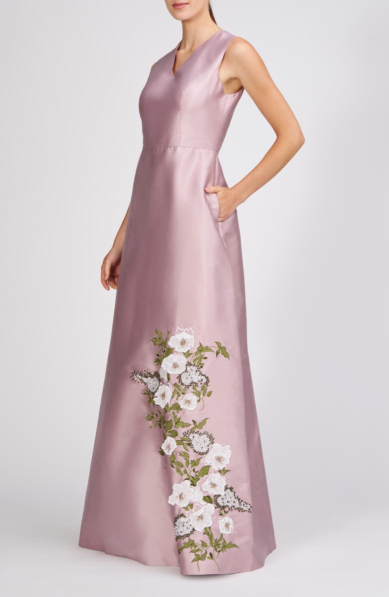 Kay Unger Aurelia Floral Sleeveless Taffeta Gown, Alternate, color, Wood Rose