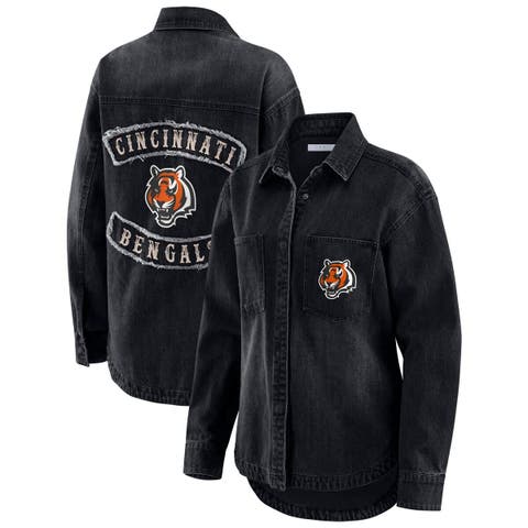 Women's WEAR by Erin Andrews Black Cincinnati Bengals Washed Oversized Denim Full-Snap Shacket