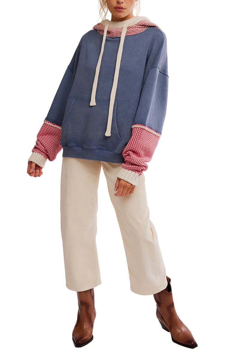 Free People Snug Bonnet Mixed Media Cotton Hoodie, Alternate, color, Indigo