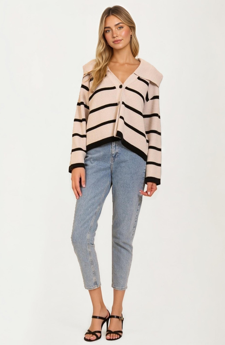 Knit and Lounge Striped Knit Wide Collar Contrast Trim Cardigan, Alternate, color, 