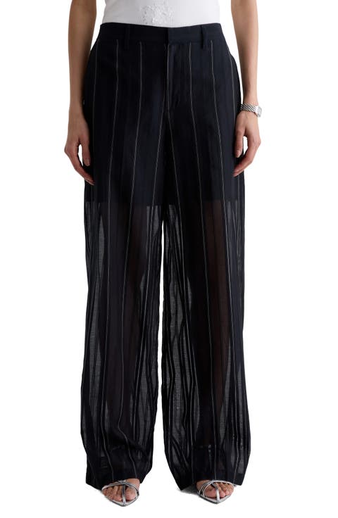 Anna Pinstripe Semisheer Wide Leg Cotton & Silk Pants