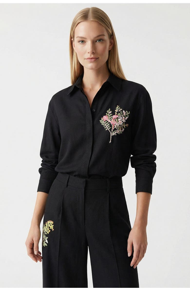 Exquise High Waist Wide Leg Linen Trousers, Alternate, color, Black