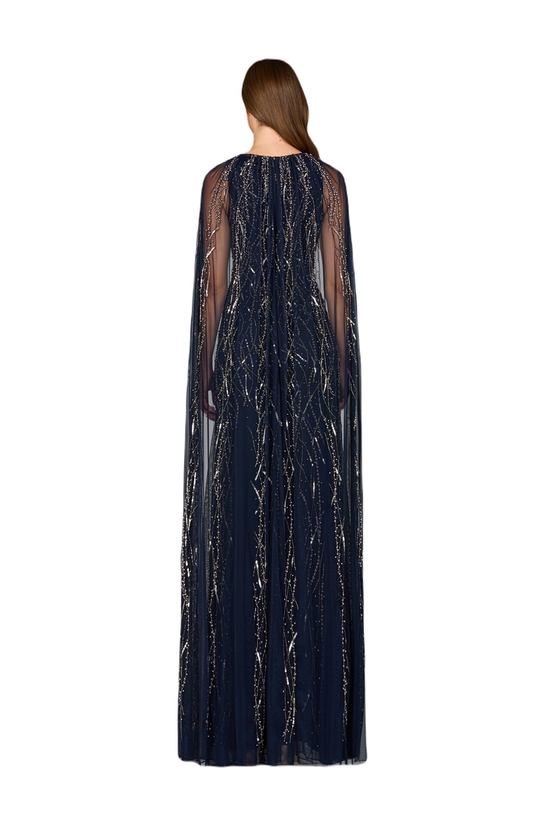 LARA New York Elegant Beaded Dress with Long Cape, Alternate, color, Navy