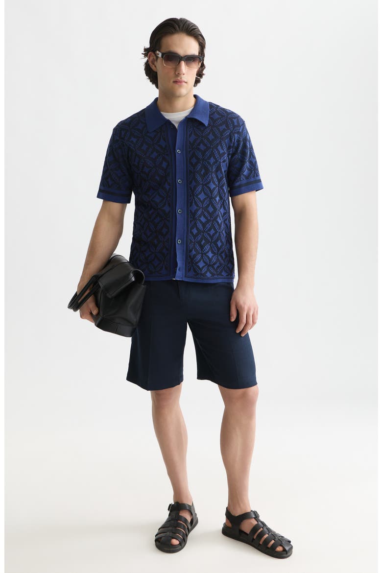Knit Short Sleeve Button-Up Shirt, Alternate, color, TILES FLOWER SKY CAPTAIN