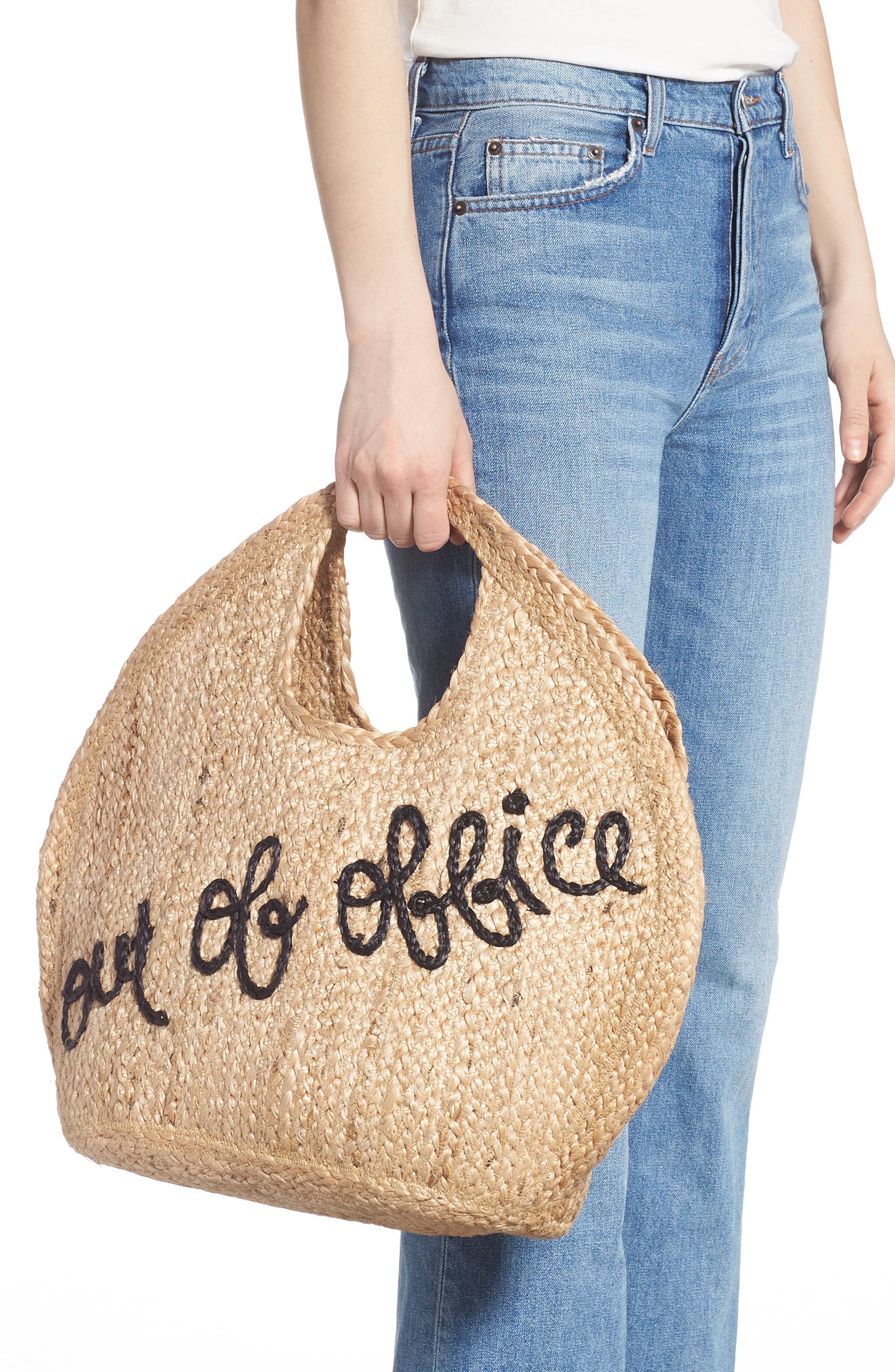 Out of Office Embroidered Jute Tote, Alternate, color, NATURAL