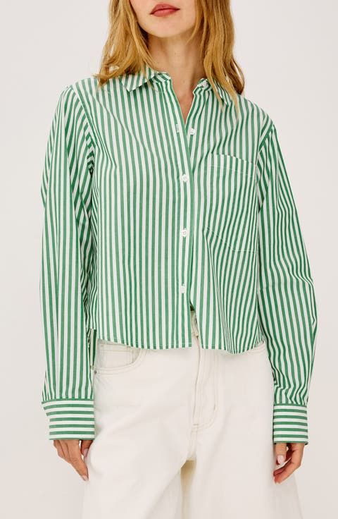 Ramy Stripe Cotton Blend Crop Button-Up Shirt
