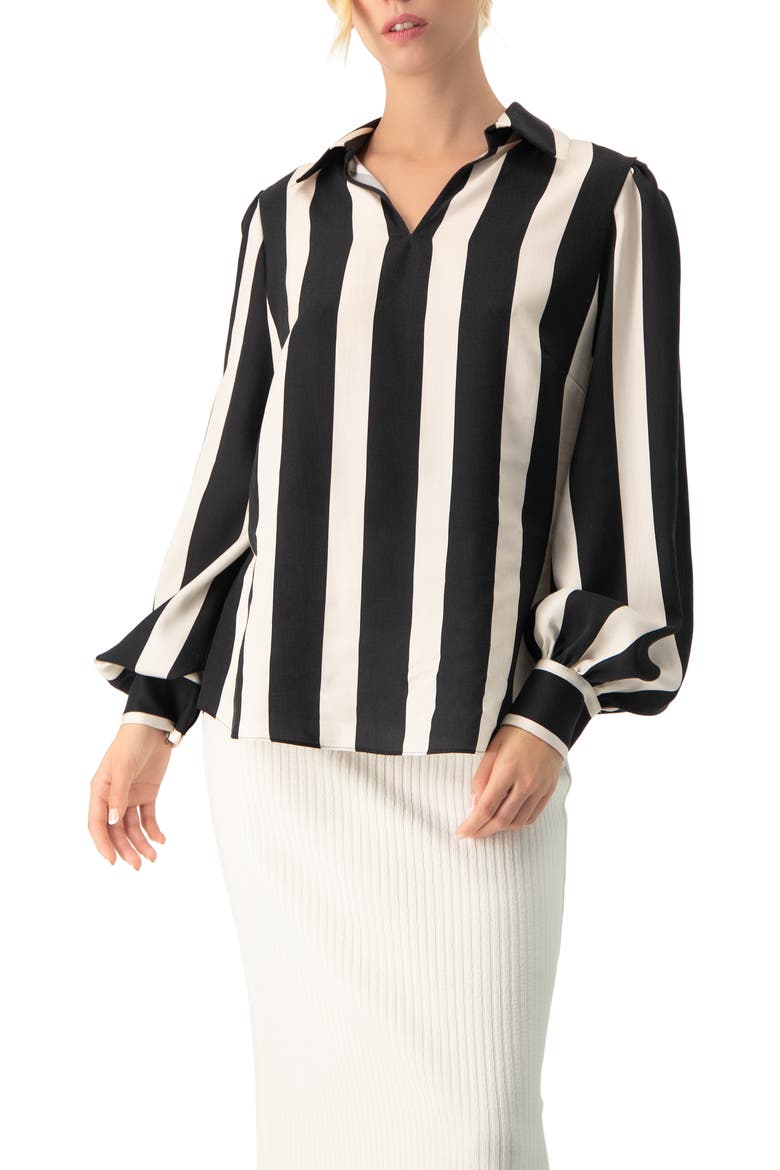 Collared Long Sleeve Striped Blouse, Main, color, Black