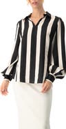 IVONNE Collared Long Sleeve Striped Blouse