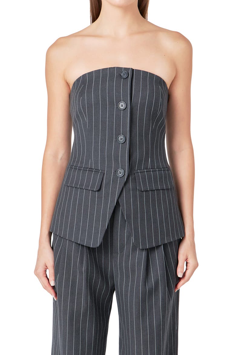 Pinstripe Strapless Button Front Top, Alternate, color, CHARCOAL