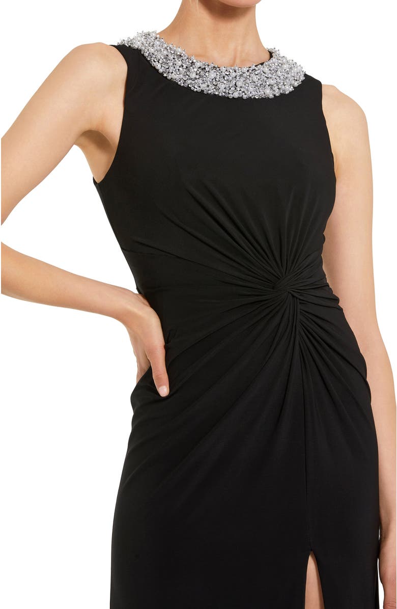 Mac Duggal Rhinestone Embellished High Neck Twist Waist Jersey Gown, Alternate, color, Black