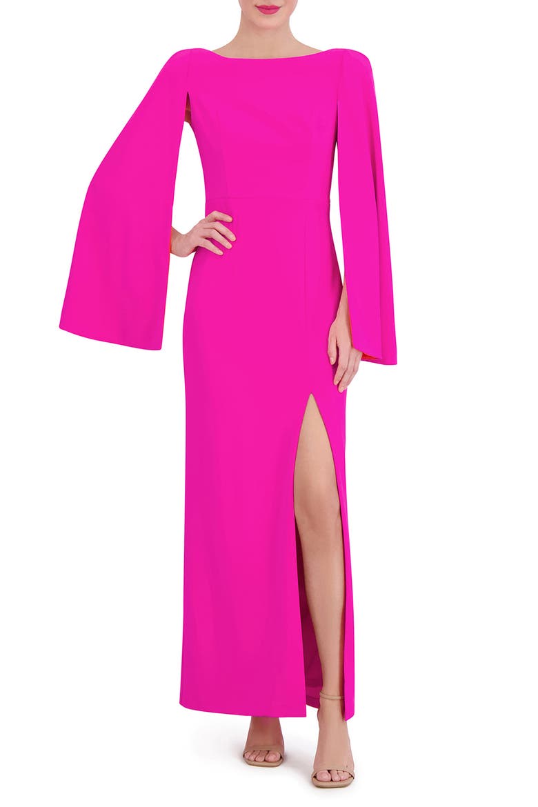 Long Sleeve Capelet Scuba Crepe Dress, Main, color, FUCHSIA