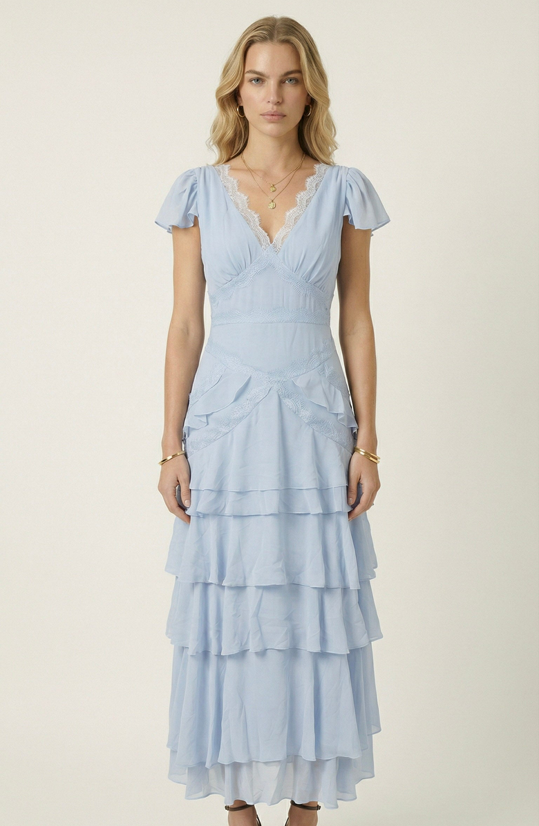 Modenaire Lace Trim Tiered Maxi Dress, Main, color, Pastel Blue