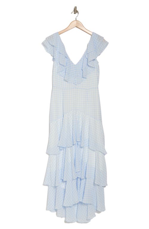 Wayf Floral Ruffle Tiered Dress In Baby Blue Gingham
